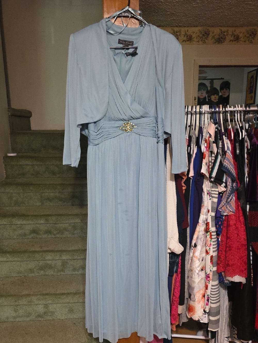 Jessica Howard Light Blue Jeweled-Waist Maxi Dress And Jacket